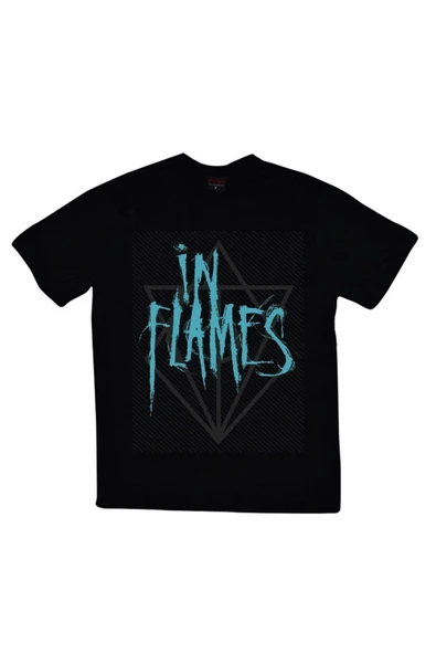 fame-stoned  In Flames Baskılı Unisex %100 Pamuk Siyah T-shirt ürün görseli 1