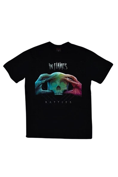 fame-stoned  In Flames Baskılı Unisex %100 Pamuk Siyah T-shirt ürün görseli 1