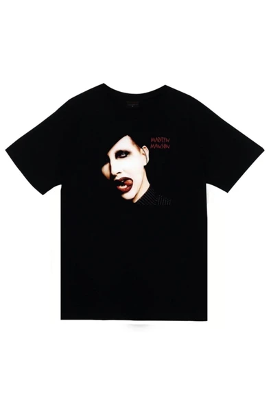 fame-stoned Marilyn Manson Baskılı Unisex %100 Pamuk Siyah T-shirt ürün görseli 1