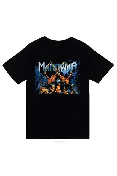 fame-stoned Manowar Baskılı Unisex %100 Pamuk Siyah T-shirt ürün görseli 1