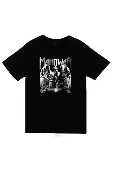 fame-stoned Manowar Baskılı Unisex %100 Pamuk Siyah T-shirt ürün görseli 1