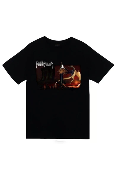 fame-stoned Manowar Baskılı Unisex %100 Pamuk Siyah T-shirt ürün görseli 1