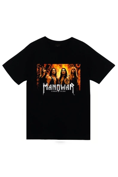 fame-stoned Manowar Baskılı Unisex %100 Pamuk Siyah T-shirt ürün görseli 1