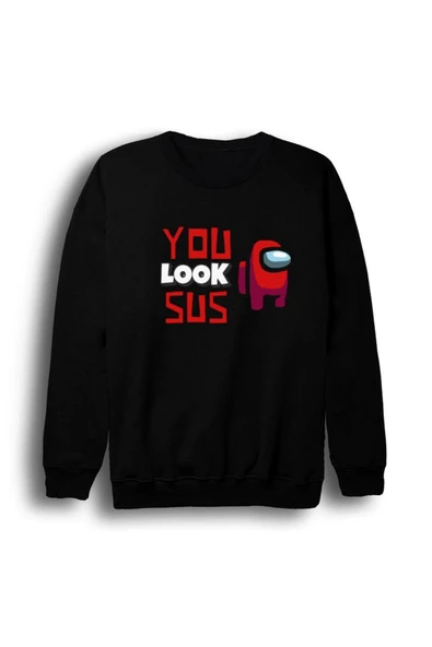 fame-stoned Unisex Siyah Among Us Oyun Baskılı Bisiklet Yaka Sweatshirt ürün görseli 1