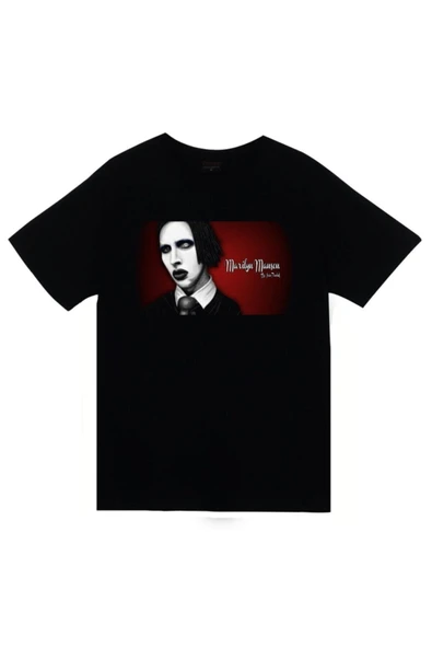 fame-stoned  Marilyn Manson Baskılı Unisex %100 Pamuk Siyah T-shirt ürün görseli 1