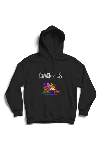 fame-stoned Erkek Siyah Among Us Oyun Baskılı Kapüşonlu Sweatshirt ürün görseli 1