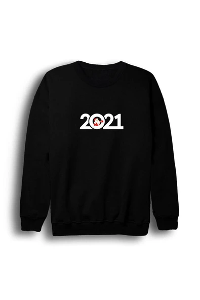 fame-stoned Unisex Siyah 2021 Yeni Yıl Baskılı Bisiklet Yaka Sweatshirt ürün görseli 1