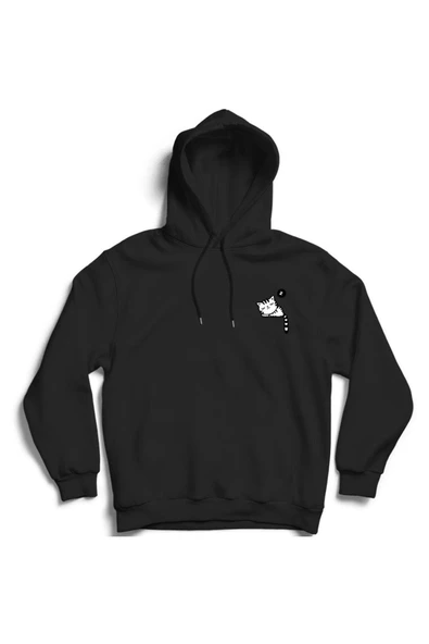 fame-stoned Unisex Siyah Cepte Uyuyan Kedi Baskılı Kapüşonlu Sweatshirt ürün görseli 1