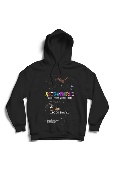 fame-stoned Unisex Siyah Astroworld Travis Scott Baskılı Kapüşonlu Sweatshirt ürün görseli 1