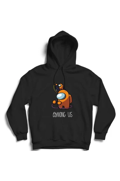 fame-stoned Unisex Siyah Among Us Oyun Baskılı Kapüşonlu Sweatshirt ürün görseli 1