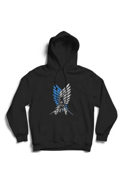 fame-stoned Unisex Siyah Attack On Titan Anime Baskılı Kapüşonlu Sweatshirt ürün görseli 1