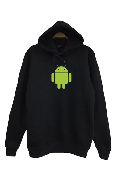 fame-stoned Unisex Siyah Android Robot Baskılı Kapüşonlu Sweatshirt ürün görseli 1