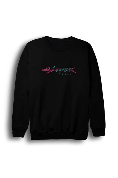 fame-stoned Erkek Siyah Cyber Punk Baskılı Bisiklet Yaka Sweatshirt ürün görseli 1