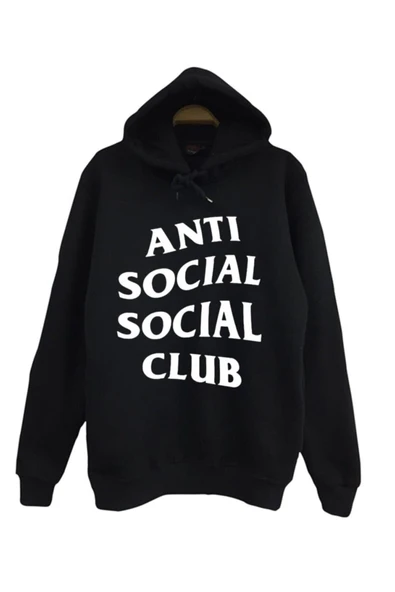 fame-stoned Anti Social Club Baskılı Unisex %100 Pamuk Kapüşonlu Siyah Sweatshirt ürün görseli 1