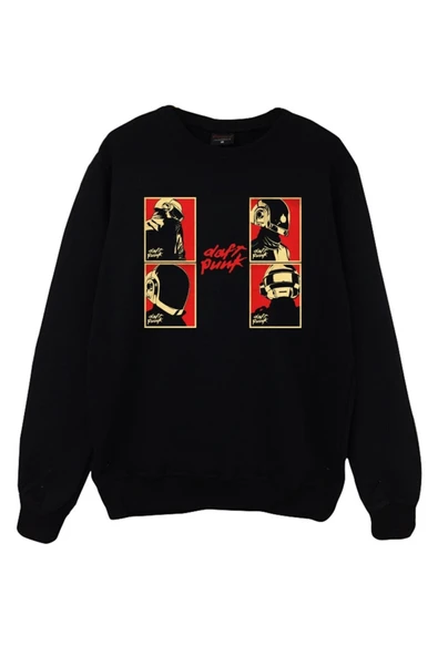 fame-stoned Daft Punk Baskılı Unisex %100 Pamuk Siyah Bisiklet Yaka Sweatshirt ürün görseli 1