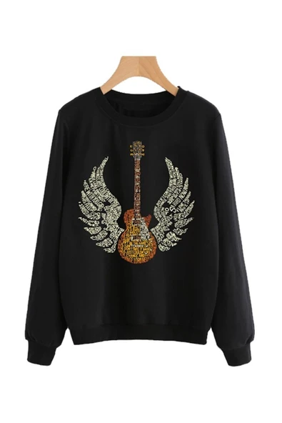 fame-stoned Gitar Baskılı Unisex %100 Pamuk Siyah Bisiklet Yaka Sweatshirt ürün görseli 1