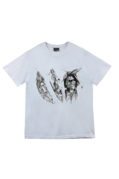 fame-stoned Kızılderili Baskılı Unisex %100 Pamuk Beyaz T-shirt ürün görseli 1