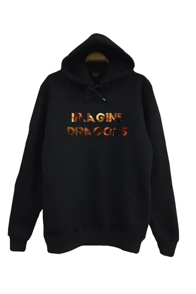 fame-stoned Imagine Dragons Baskılı Kapüşonlu %100 Pamuk Siyah Sweatshirt ürün görseli 1