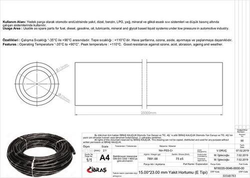 Ibras 68783  İçten Orgulu Yakıt Hortumu 65660 15.0 Mm X 23.0 Mm Nbr / Cr E Tipi Makarasız 25M ürün görseli 1