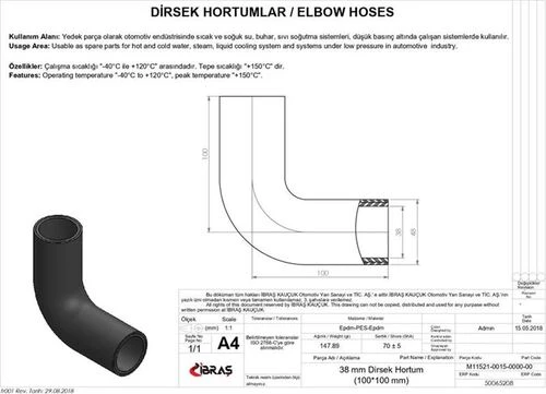 Ibras 65208 İbraş  38mm 48mm 10cm 10cm Dırsek Hortumu Sıcak Ve Soguk Su Kullanımı İçin ürün görseli 1