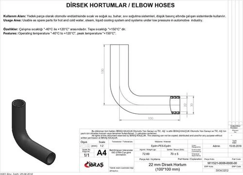 Ibras 65202 İbraş  22mm 30mm 10cm 10cm Dırsek Hortumu Sıcak Ve Soguk Su Kullanımı İçin ürün görseli 1