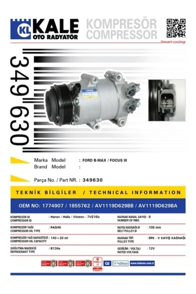 Kale 349630 OTO Radyatör  Klima Kompresörü B-Max 12-Fiesta VI-Focus III 10- ürün görseli 1