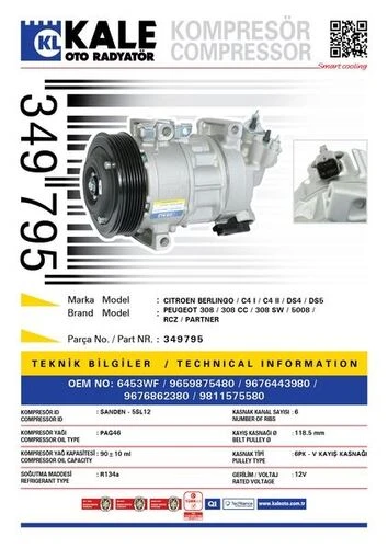 Kale 349795  KLİMA KOMPRESÖRÜ P308-P5008-P3008-RCZ-PARTNER-BERLING ürün görseli 1