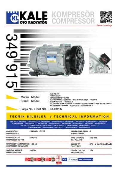 Kale 349915  KLİMA KOMPRESÖRÜ A3 1.6-1.8 T 1.9 TDI (96-03)IBIZA II ürün görseli 1