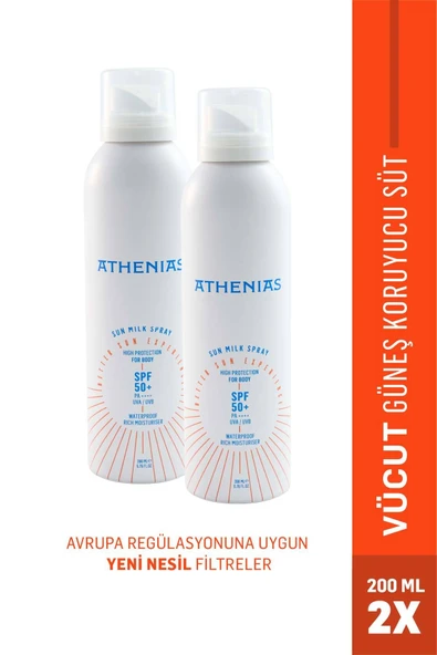 ATHENİAS Sun Milk Spray SPF50+ Tüm Cilt Tipleri Uva Uvb Yüksek Korumalı güneş kremi 200 mlx 2 Adet ürün görseli 1