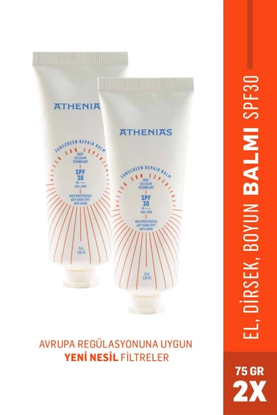 ATHENİAS Sunscreen Repair Balm SPF30+ Kuruluk Karşıtı Nem. El Boyun Dirsek Vücut Balmı 75grx2 Adet ürün görseli 1