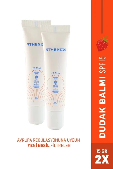 ATHENİAS Lip Balm Anti Chap SPF15 Organik Çilek Aromalı Dudak Bakımı Çatlak Karşıtı 15 gr x 2 Adet ürün görseli 1