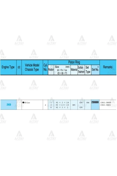 Rıken 28080 Segman Hilux 2.5l 05-12 Kun25-kun15 92.00mm 2kdftv Std Takım -Uyumlu ürün görseli 1