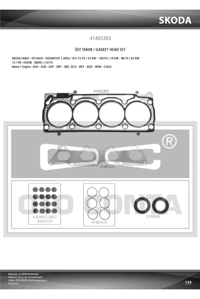 Otoconta 41405303  Motor Takım Conta Üst Silindir Kapak Contalı Keçelı Caddy Golf Polo Fabia Octavia ürün görseli 1