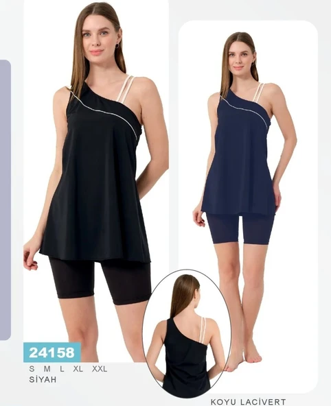 Tesmay 24158 Lacivert Tek Omuz İki İpli Lycralı Yarı Kapalı Havuz Mayo ürün görseli 1