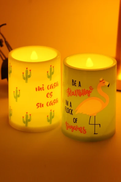 2li Led Mum Kaktüs Flamingo Bardak Tipi Pilli Dumansız Alevli Dekoratif Yapay Mum Dekor Lambası ürün görseli 1