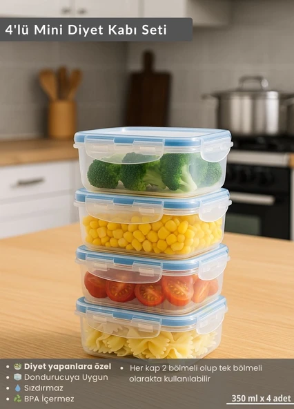 4'lü Mini Diyet Kabı Seti BPA Free Hava Almaz Saklama Kabı Çıkarılabilir Bölmeli Gıda Kutusu 350 ml ürün görseli 1