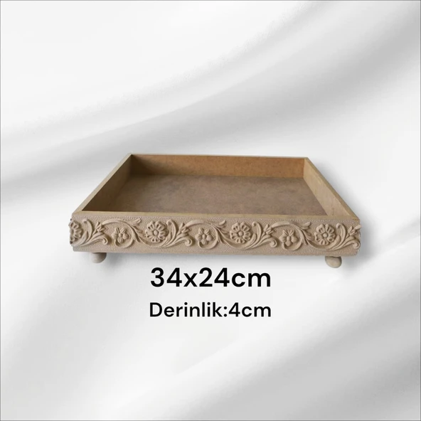 Ahşap boyanabilir çiçek desenli ayaklı dikdörtgen sunumluk tepsi ürün görseli 1