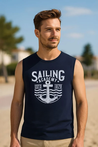 Erkek %100 Pamuk Bisiklet Yaka Baskılı Kolsuz T-shirt ürün görseli 1