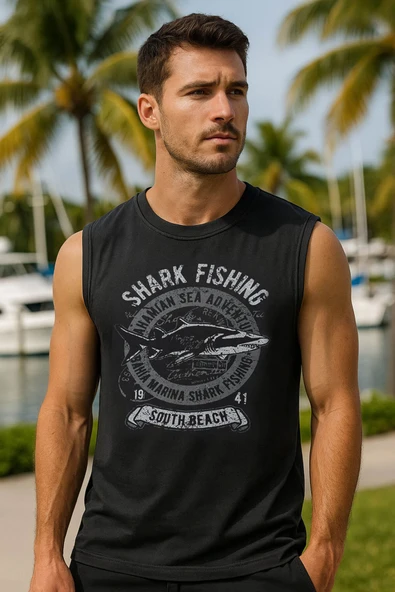 Erkek %100 Pamuk Bisiklet Yaka Shark Baskılı Kolsuz T-shirt ürün görseli 1