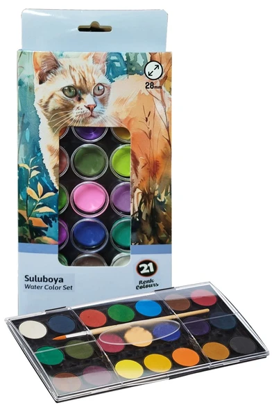 21 Renk Sulu Boya 1 Paket Fırça Hediyeli 21 li Suluboya Canlı Renkler 28 mm Boya Çapı Büyük Boy Brons ürün görseli 1
