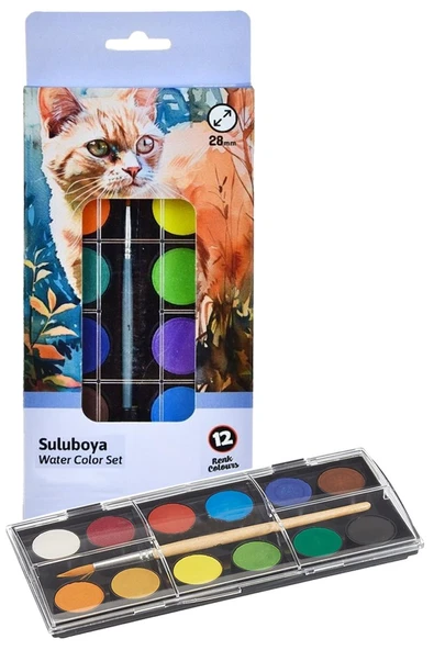 12 Renk Sulu Boya 1 Paket Fırça Hediyeli 12 li Suluboya Canlı Renkler 28 mm Boya Çapı Büyük Boy Nova ürün görseli 1