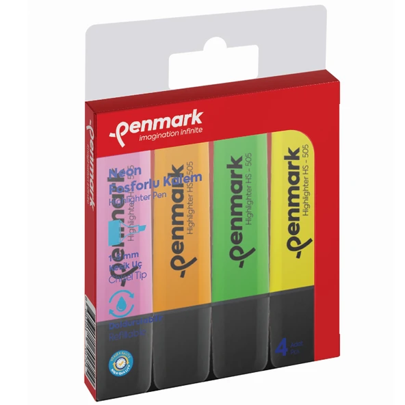 Penmark Fosforlu Kalem 4 Lü Karışık Renk Neon HS 505 4N ürün görseli 1