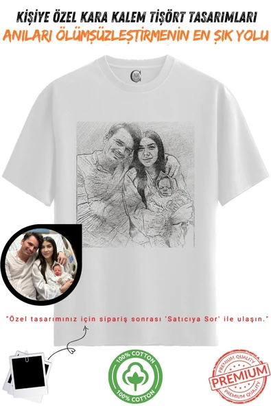 Kişiye Özel Karakalem Tişört | Fotoğraftan Baskı | Aile Evcil Hayvan Tasarım | %100 Pamuk Unisex Beyaz v3 ürün görseli 1