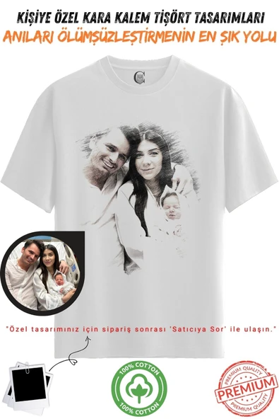 Kişiye Özel Karakalem Tişört | Fotoğraftan Baskı | Aile Evcil Hayvan Tasarım | %100 Pamuk Unisex Beyaz v9 ürün görseli 1