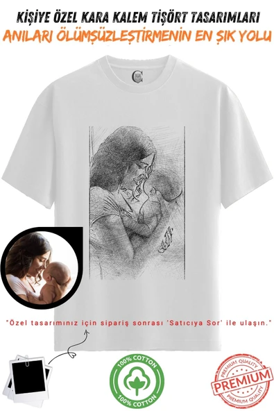 Kişiye Özel Karakalem Tişört | Fotoğraftan Baskı | Aile Evcil Hayvan Tasarım | %100 Pamuk Unisex Beyaz v2 ürün görseli 1