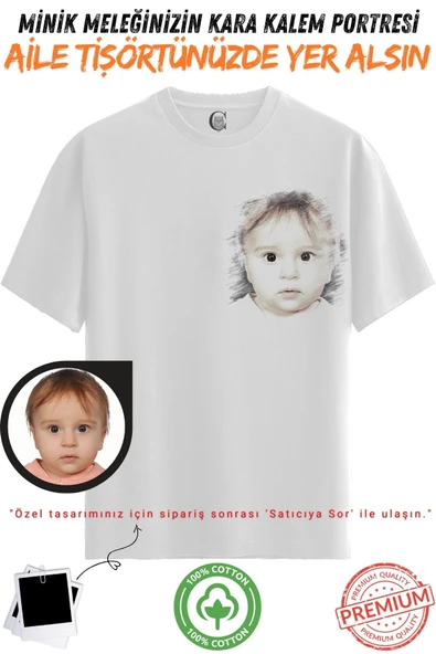 Kişiye Özel Karakalem Tişört | Fotoğraftan Baskı | Aile Evcil Hayvan Tasarım | %100 Pamuk Unisex Beyaz v10 ürün görseli 1