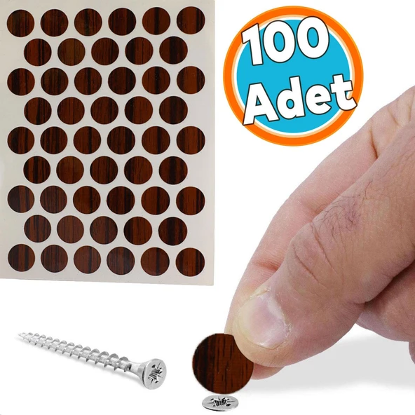 Vida Tapası Tıpası Yapışkanlı Parlak Abanoz Ahşap Desenli Kahverengi Vida Kapatıcı Kapağı (100 ADET) ürün görseli 1