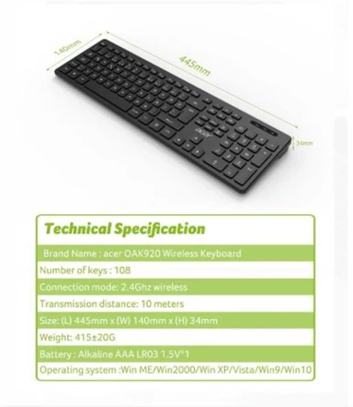 Acer OAK920 Q Usb SİYAH 1.8mt  Kablolu Klavye-Tek Tuş Hesap Makinalı (Sessiz Tuş) ürün görseli 1