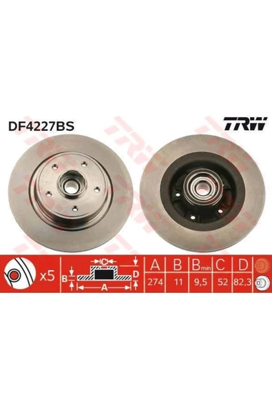 DF4227BS FREN DİSKİ ARKA LAGUNA II 01- RULMANLI DÜZ 274mm ürün görseli 1