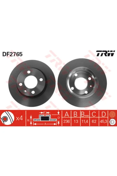 -df2765 Ön Fren Diski Takım Çift Fiyatıdır Düz 236mm C... ürün görseli 1
